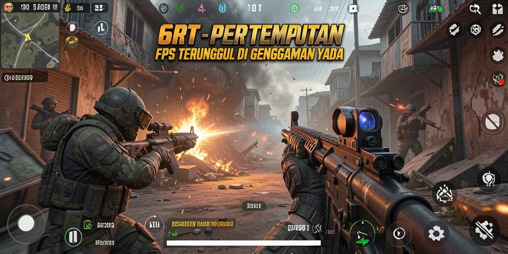 Screenshot 6RT menampilkan aksi pertempuran FPS yang mendebarkan.