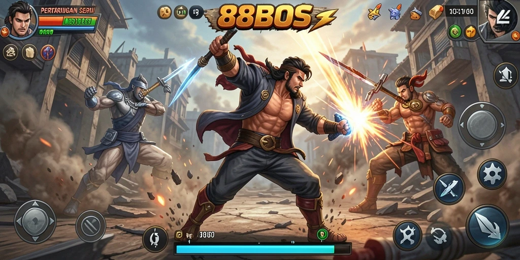 Tangkapan layar game 88BOS dengan aksi pertempuran yang intens.