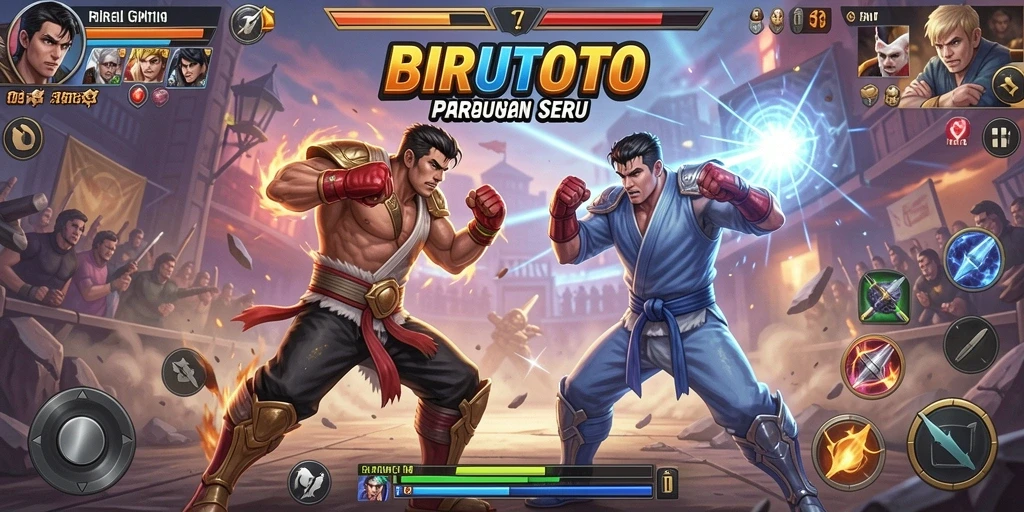Screenshot pertarungan seru dalam BIRUTOTO dengan karakter unik.