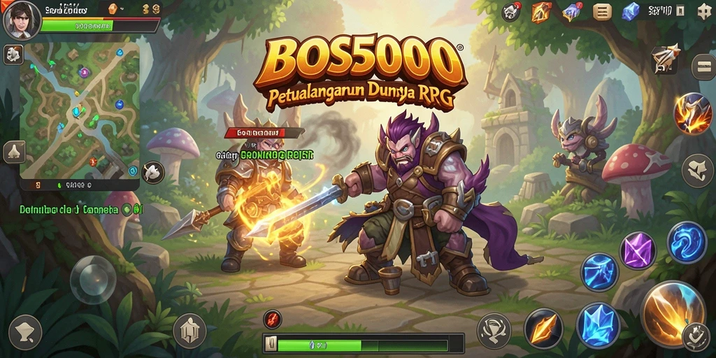 Screenshot menunjukkan karakter bertempur melawan monster besar dalam dunia RPG yang kaya.