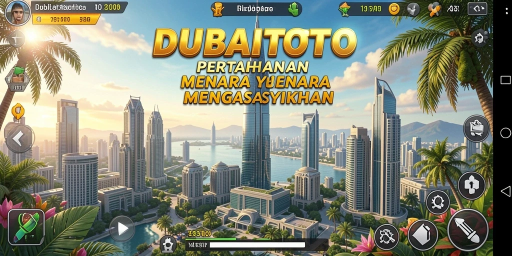 Tampilan gameplay DUBAITOTO dengan menara yang kuat melawan gelombang musuh.