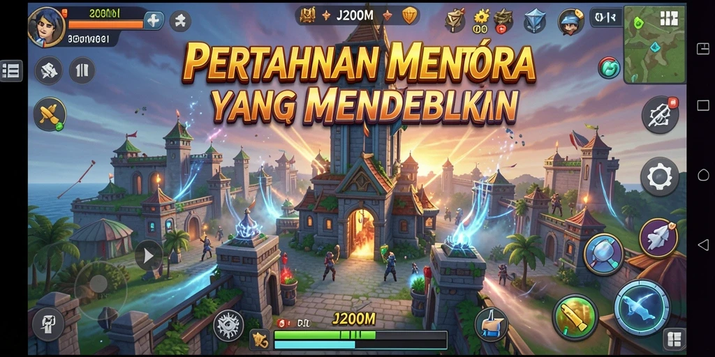 Tampilan gameplay J200M saat pertahanan menara berlangsung.