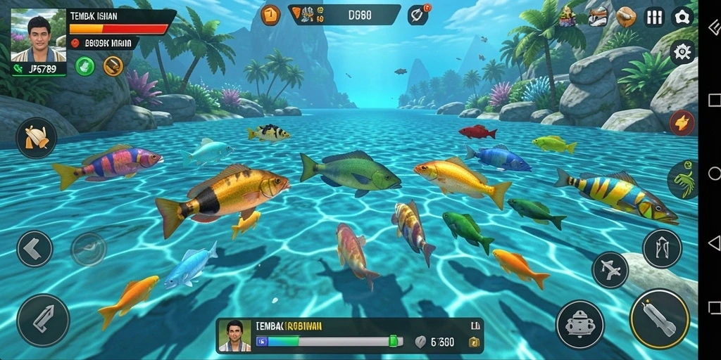 Tampilan gameplay seru dalam JP6789 dengan ikan berwarna-warni.