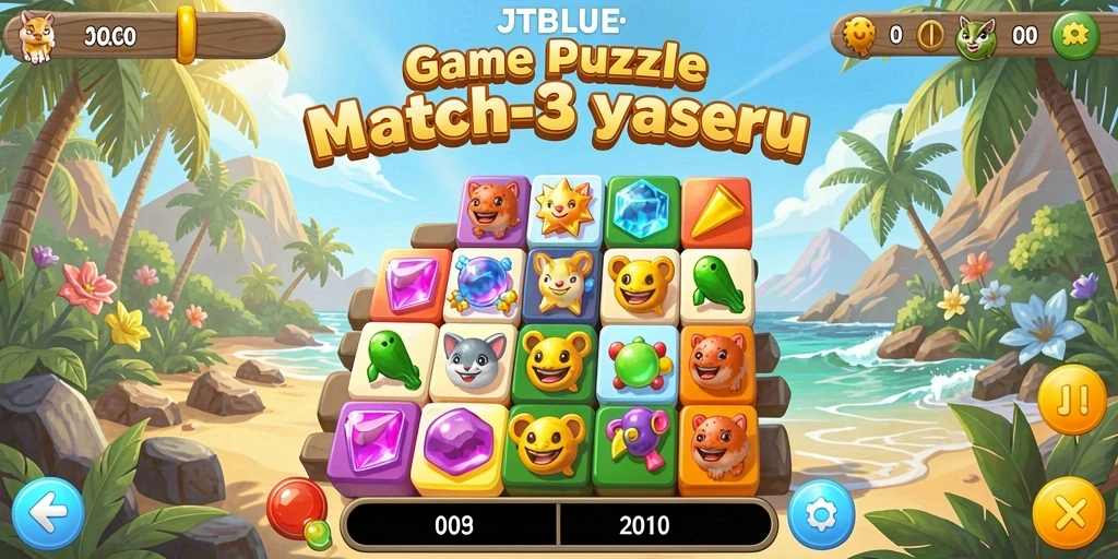 Tangkapan layar utama JTBLUE menunjukkan gameplay seru dengan kombinasi permata yang memikat.