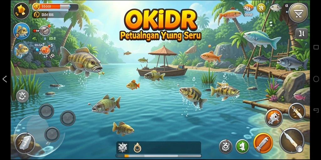 Tampilan gameplay dari OKIDR yang menarik saat menangkap ikan di danau.