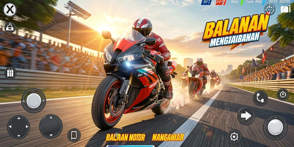 Screenshot gameplay PP7 menampilkan balapan motor yang seru dan grafis menakjubkan.