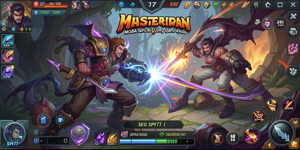 Gameplay seru di SPY77 dengan pertempuran MOBA yang mendebarkan.