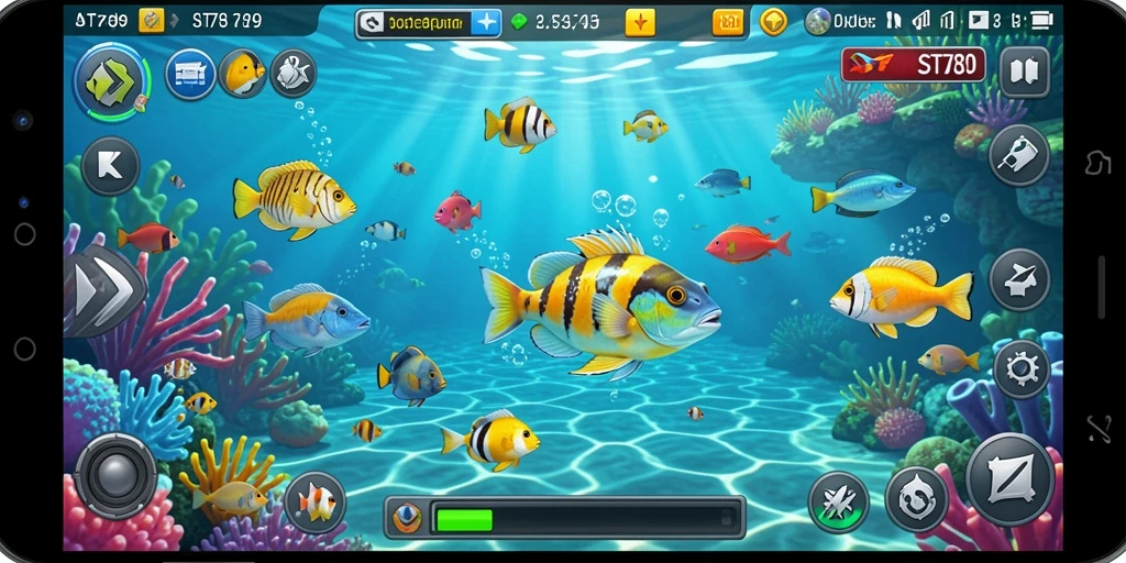 Screenshot gameplay dari ST789 yang menunjukkan aksi Tembak Ikan.